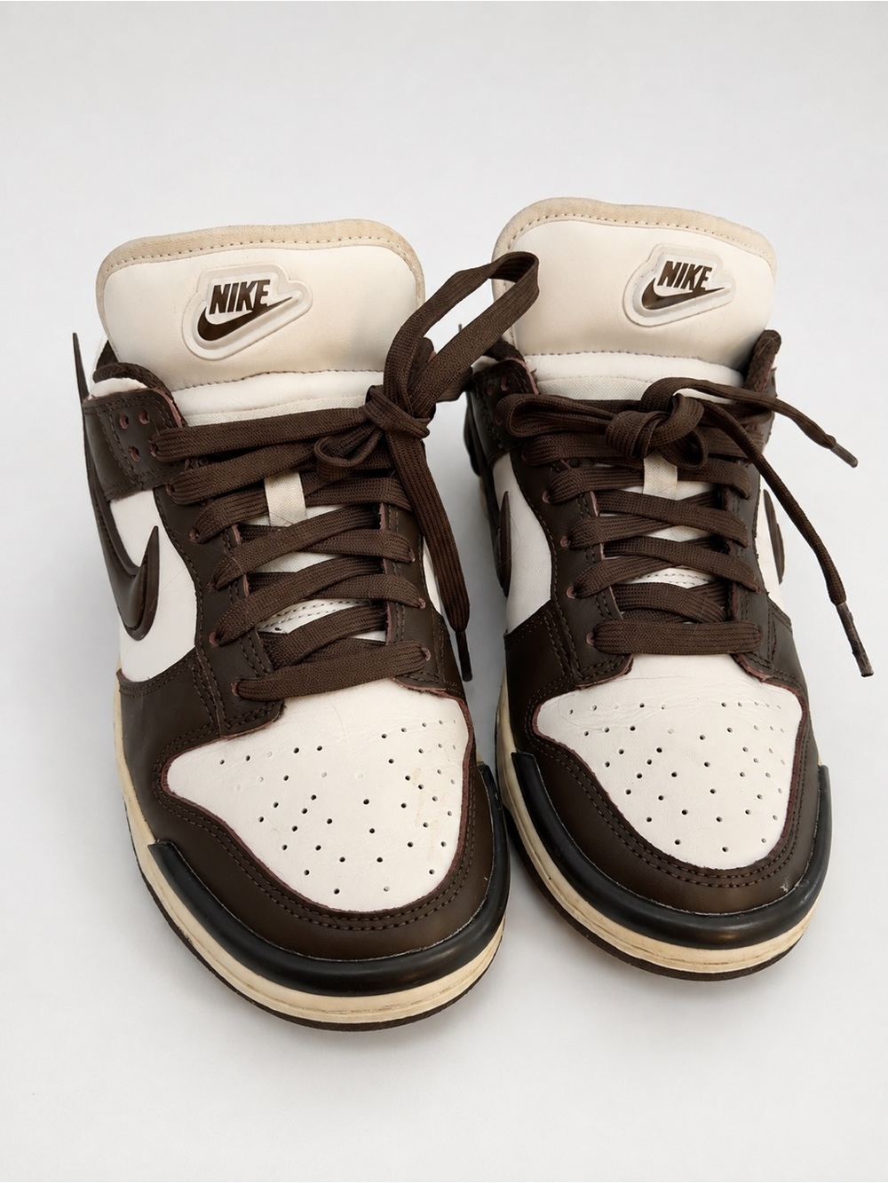 Nike women's Dunk Low Retro White and Dark Brown Sneakers